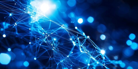Fototapete - A dynamic blue network, a web of interconnected nodes, forming a mesmerizing backdrop for technological innovation and digital design, hinting at the boundless possibilit