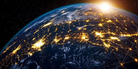 Fototapete - A mesmerizing tapestry of light, the Earth s surface at night, where interconnected nodes, representing global communication networks, illuminate the globe with vibrant h