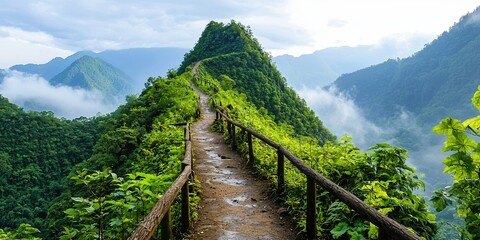 Leinwandbilder - A winding mountain path, its summit shrouded in mist, signifies the strategic roadmap, the challenges and rewards that lie ahead as entrepreneurs embark on their business
