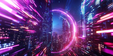 Fototapete - A futuristic cityscape, where sleek skyscrapers pierce the sky, illuminated by holographic projections of data streams and futuristic devices. A vibrant, abstract design