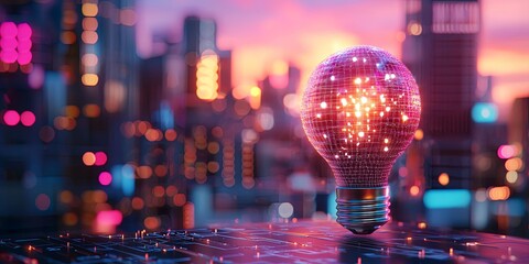 Fototapete - A futuristic lightbulb, its form sculpted in sleek, modern polygons, emits a soft, ethereal glow against a backdrop of a vibrant cityscape.