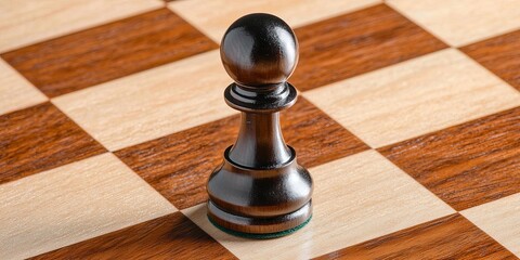Leinwandbilder - A meticulously crafted chess piece, its surface gleaming under the warm light, stood poised on the chessboard, its dark hue contrasting sharply with the light squares aro