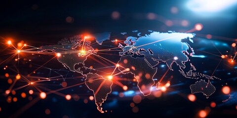 Fototapete - A vibrant world map, pulsating with a network of interconnected nodes and lines, symbolizes the global reach and interconnectedness of businesses.