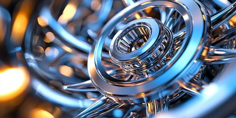 Fototapete - A sleek, chrome-plated metal wheel, its spokes converging in a dynamic spiral, ready to spin into action, embodying power and motion.