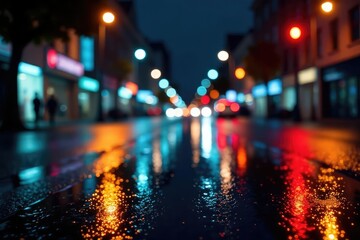 Wall Mural - abstract late-night city lights reflected on wet pavement, light, ambiance
