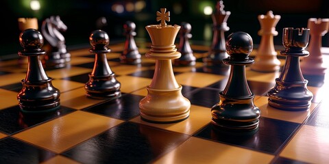 Leinwandbilder - A chessboard, a battlefield of strategy and intellect, where the king, a symbol of dominance and leadership, stands tall alongside his loyal pawns, each representing a vi