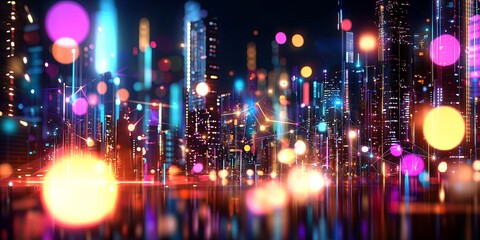 Poster - A vibrant, futuristic cityscape, composed of interconnected nodes and glowing orbs, pulsating with an energy that suggests cutting-edge technological innovation and seaml