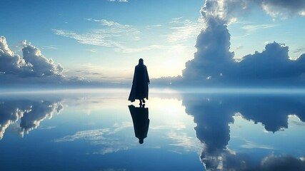 Poster - Shadowy Figure Walking on Calm Sea During a Serene Sunset Generative AI