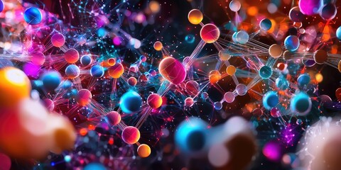 Poster - A vibrant, interconnected abstract backdrop, where molecular structures and digital blocks form intricate patterns, a futuristic and scientific vision rendered in vector