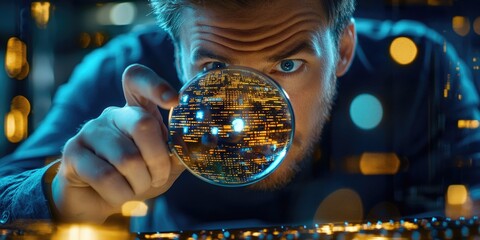 Leinwandbilder - A digital forensics analyst, armed with a magnifying glass and a holographic display, meticulously examines encrypted data streams, their fingers dancing across the keybo