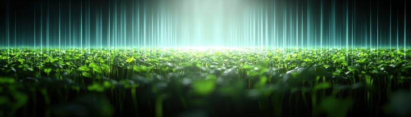 Poster - A lush, illuminated field of plants stretches toward a bright light source, with vertical lines in the background creating a vibrant atmosphere.