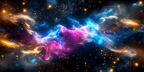Fototapete - A vibrant canvas of swirling blue and pink nebulae, interspersed with glowing yellow stars, symbolizing the vastness of knowledge and the mysteries of the universe.