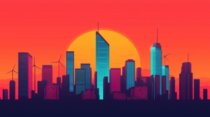 Poster - vibrant city skyline at sunset with wind turbines, showcasing a blend of modern architecture and ren