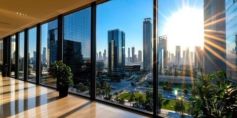 Aufkleber - A panoramic view from the ground floor of a towering skyscraper, revealing a sea of gleaming glass facades, where modern office buildings pierce a cerulean sky, casting a