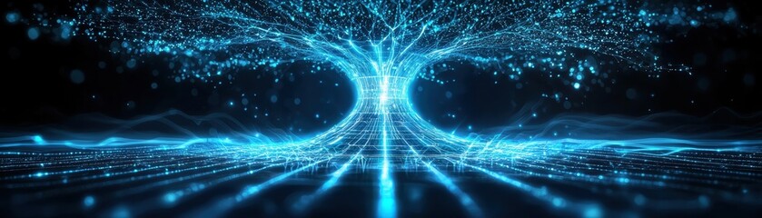 Aufkleber - Digital artwork depicting an illuminated tree structure, emanating light particles against a dark background, symbolizing connectivity and technology.