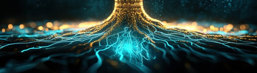 Aufkleber - Abstract image depicting vibrant light patterns resembling roots or circuits, creating a dynamic interplay of colors and shapes.
