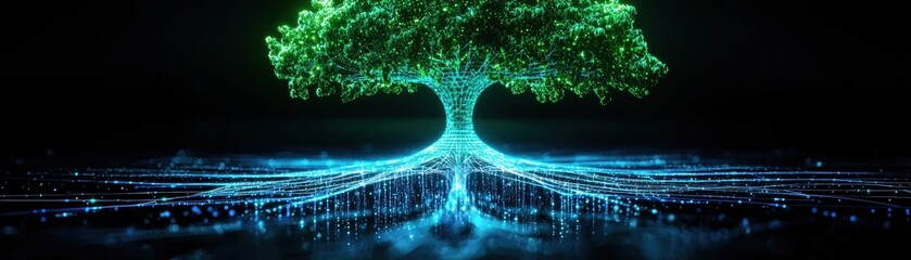Aufkleber - A glowing tree with illuminated roots set against a dark background, symbolizing connection and growth in a digital landscape.
