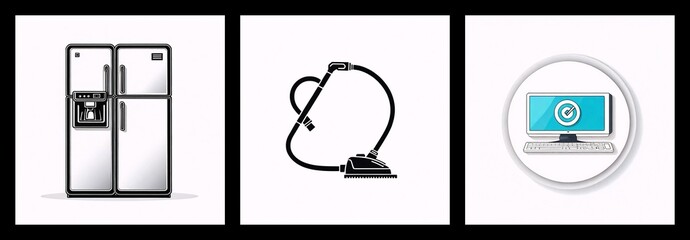 Poster - Three panels showcase home appliances. A refrigerator, a vacuum cleaner, and a desktop computer are each centered in a white square against a black backdrop.