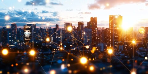 Poster - A cityscape pulsates with a network of interconnected devices, forming a dynamic web that connects individuals and infrastructure, symbolizing the future of urban living.