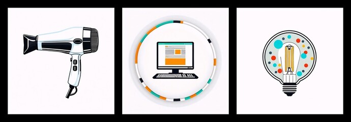 Aufkleber - Three squares present diverse objects: a white hairdryer, a computer screen encircled by segments, and a light bulb with colorful dots inside.