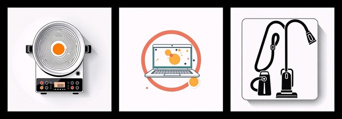 Poster - Three square icons show kitchen rice cooker, laptop with orange circles on screen, and vacuum cleaner.