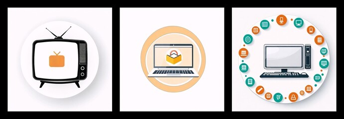 Poster - Three circular icons depict a retro TV, a laptop with a padlock, and a desktop surrounded by icons, representing media and technology.