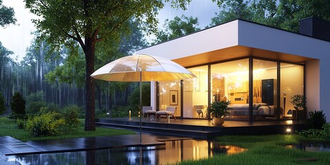 Aufkleber - A sleek, low-polygon house, its surfaces shimmering with an ethereal luminescence, was shielded from the storm by a colossal, transparent protective umbrella, symbolizing