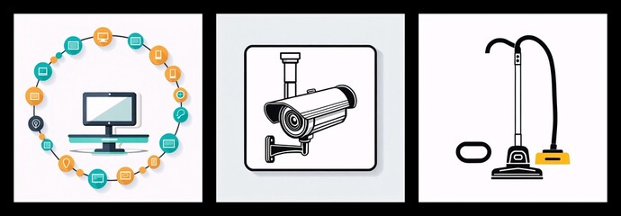 Poster - Three square icons display a computer network, a security camera, and a vacuum cleaner in simple graphic style.
