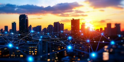 Poster - A cityscape pulsates with a network of interconnected devices, forming a dynamic web that connects individuals and infrastructure, symbolizing the future of urban living.