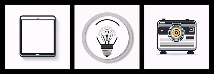 Aufkleber - Three icons are displayed side-by-side: a tablet with a blank screen, a glowing lightbulb inside a circle, and a retro-style camera.