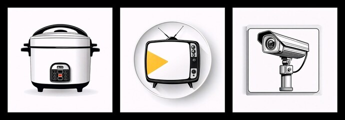 Aufkleber - Three square icons depict household items: a rice cooker, a retro television with a triangle on screen, and a surveillance camera.