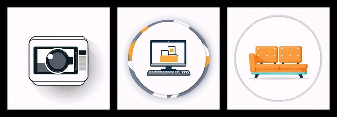 Aufkleber - Three icons depict media and home elements: a camera for photos, a computer with files, and an orange sofa, representing living space.