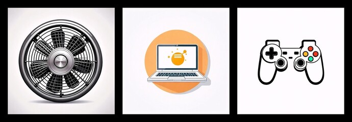 Poster - Three panels display a fan, a laptop with a burst symbol and an orange circle, and a classic game controller.