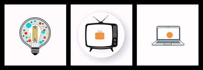 Leinwandbilder - Three icons depict idea generation, media consumption, and digital computing.  A lightbulb, retro TV, and laptop symbolize concepts, broadcasting, and technology.
