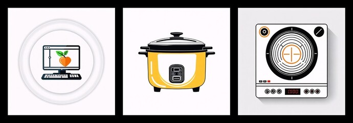 Fototapete - Three kitchen appliances are depicted in the image: a desktop computer showing a fruit image, a yellow slow cooker and a white electric hot plate.
