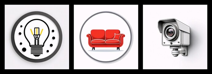 Leinwandbilder - Three icons depict a bright lightbulb, a red sofa, and a security camera. These simple graphics are clean and modern.