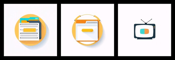 Poster - Three flat design icons: a document folder, a browser window with a folder, and a TV displaying a pill shape.