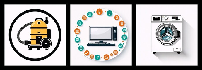 Poster - Three squares showcase a yellow vacuum cleaner, a computer surrounded by icons, and a white washing machine, illustrating home appliances and modern technology.