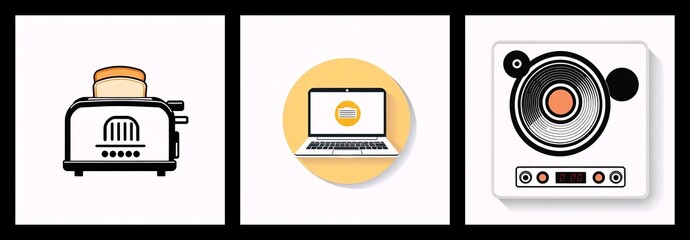 Poster - Three squares display icons: a toaster with bread slices, a laptop on a yellow circle, and a speaker. Each icon is simple and graphic.