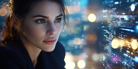 Aufkleber - A confident woman with sharp eyes and a determined gaze navigates the digital landscape within the sleek, modern facade of a towering business building, the cityscape str