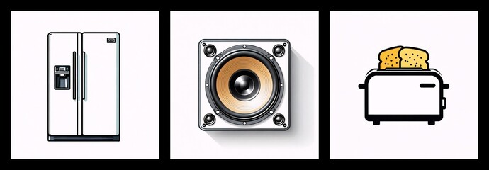 Poster - Three square panels display a white refrigerator, a speaker, and a toaster with bread slices against a white background.