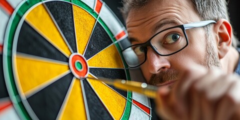 Leinwandbilder - A determined businessman, his eyes laser-focused on the vibrant target of a virtual dartboard, embodies a strategic approach to business investments. His every move is a