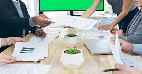 Aufkleber - Hands, documents and business people with meeting in office with finance revenue report for company. Paperwork, discussion and team of financial advisors with profit or capital gain stakeholders.