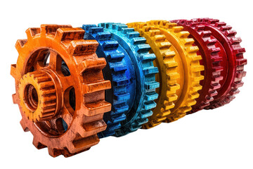 Poster - Vibrant colored gears arranged in a row, showcasing precision engineering and design, ideal for thematic industrial illustrations.