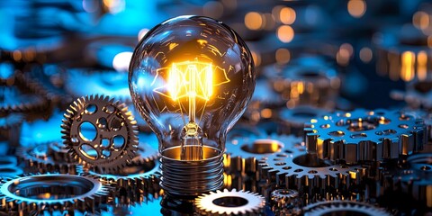 Poster - A brilliant lightbulb, its filament glowing, is surrounded by intricate cogs and gears, symbolizing the intricate process of ideation and development that drives innovati