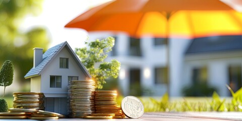 Aufkleber - A 3D rendering of a home, secured by a stack of coins, stands proudly under an orange umbrella, symbolizing the importance of home insurance in protecting your hard-earne