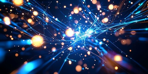 Fototapete - A canvas of deep, midnight blue, punctuated by bursts of sparkling, sapphire-like light particles. These particles weave intricate lines, forms, and grids, creating a dyn