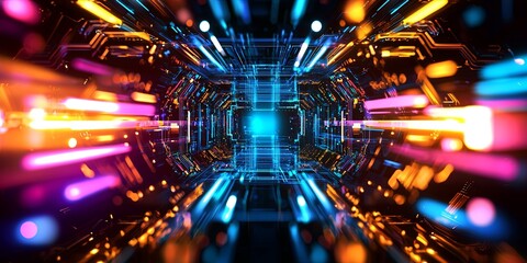 Poster - A dynamic, futuristic pattern of swirling, iridescent colors, reminiscent of a digital circuit board, pulsating with a subtle energy, forming a backdrop for a technologic