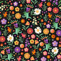 Wall Mural - Seamless floral embroidered pattern with garden flowers on black background.