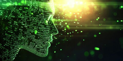 Poster - A dark, digital canvas explodes with vibrant green binary code, forming a menacing silhouette of a head, symbolizing a data breach or the insidious threat of hacking, lea